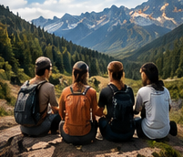 Illustrative scene of hikers sharing a mountain view
